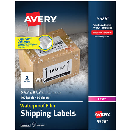 Avery Waterproof Laser Shipping Labels, 5-1/2" x 8-1/2", Matte White, 2 Labels/Sheet, 50 Sheets/Box, 100 Labels/Box