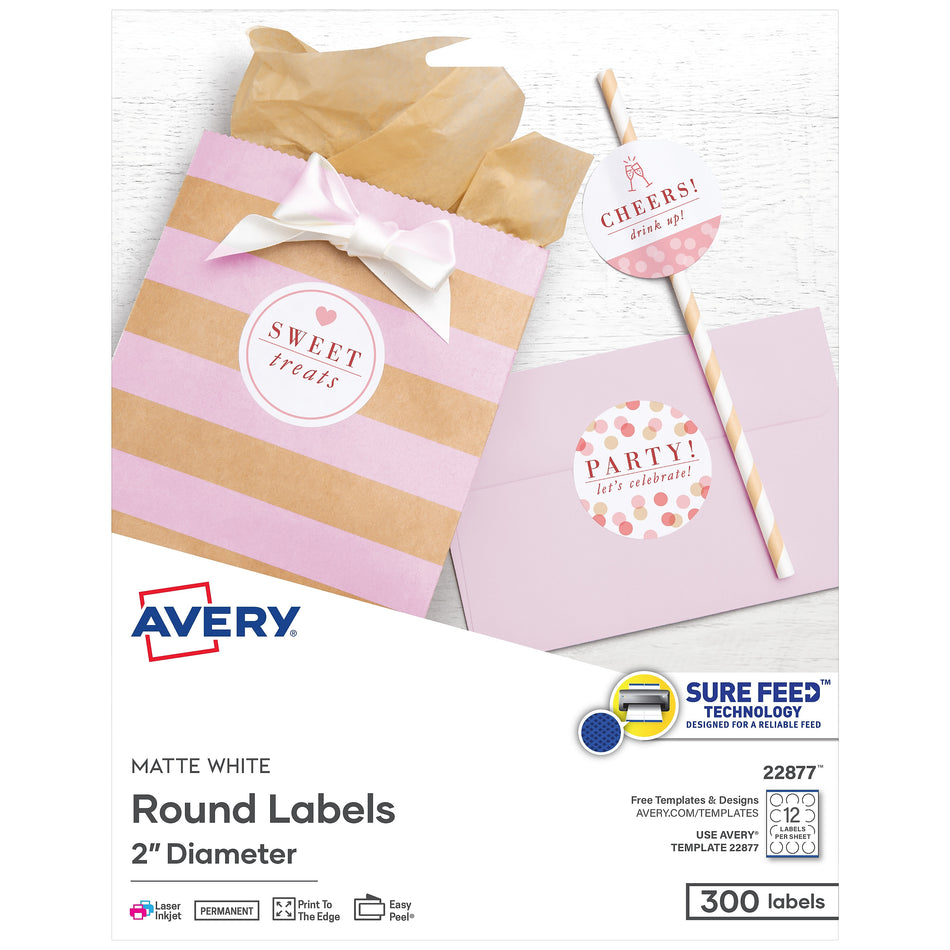 Avery Waterproof Laser/Inkjet Labels, 2" Diameter, White, 12 Labels/Sheet, 25 Sheets/Pack, 300 Labels/Pack