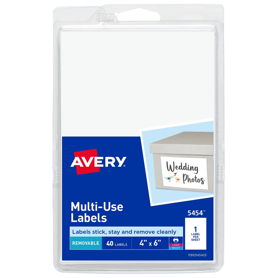 Avery White Printable Removable Self-Adhesive MultiUse ID Label, 4" x 6", 40/Pack