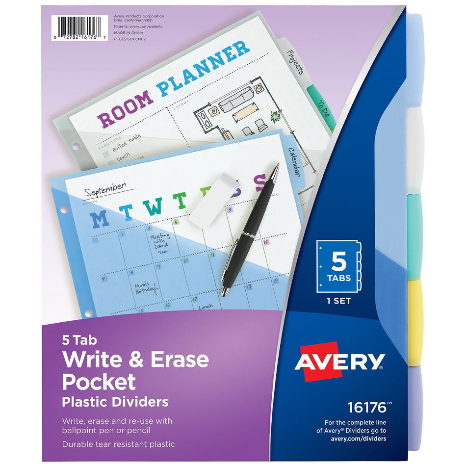 Avery Write & Erase Pocket Plastic Dividers, 5 Tabs, Multicolor