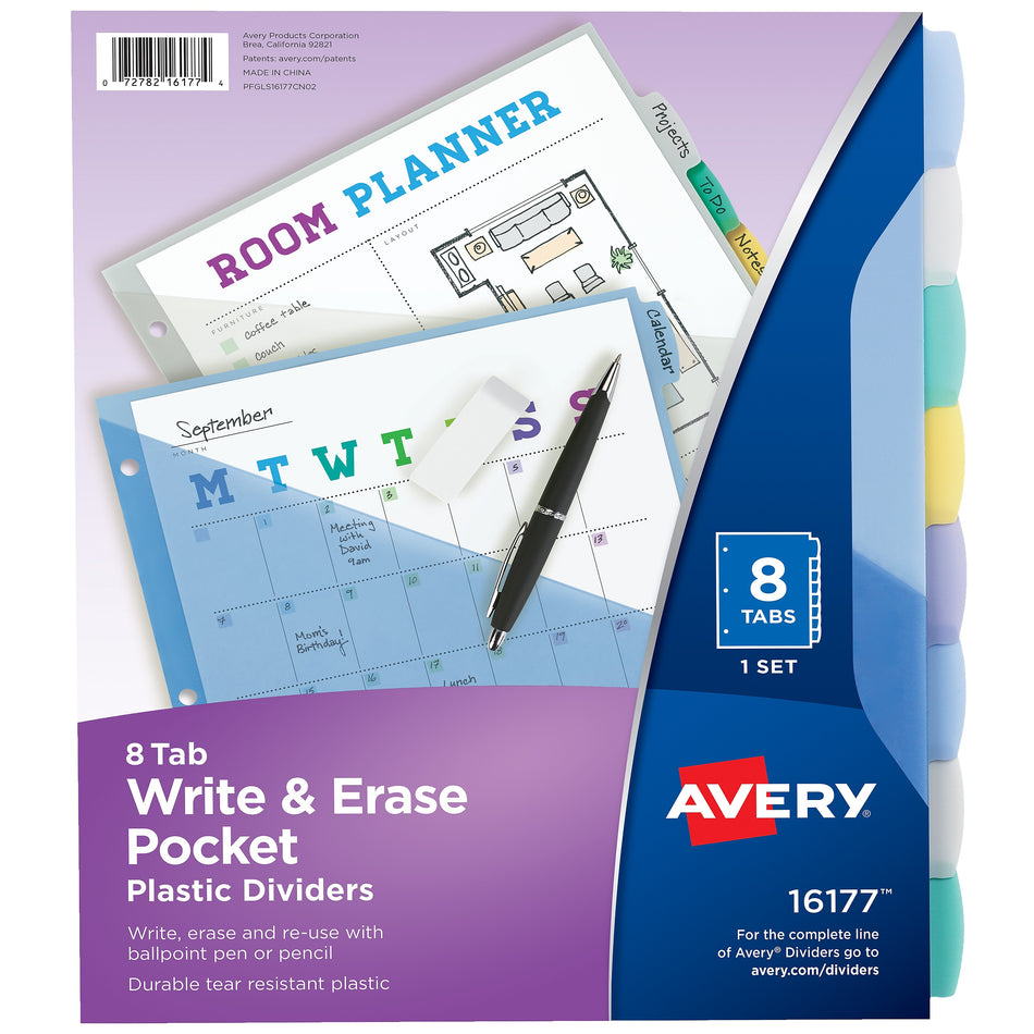 Avery Write & Erase Pocket Plastic Dividers, 8 Tabs, Multicolor