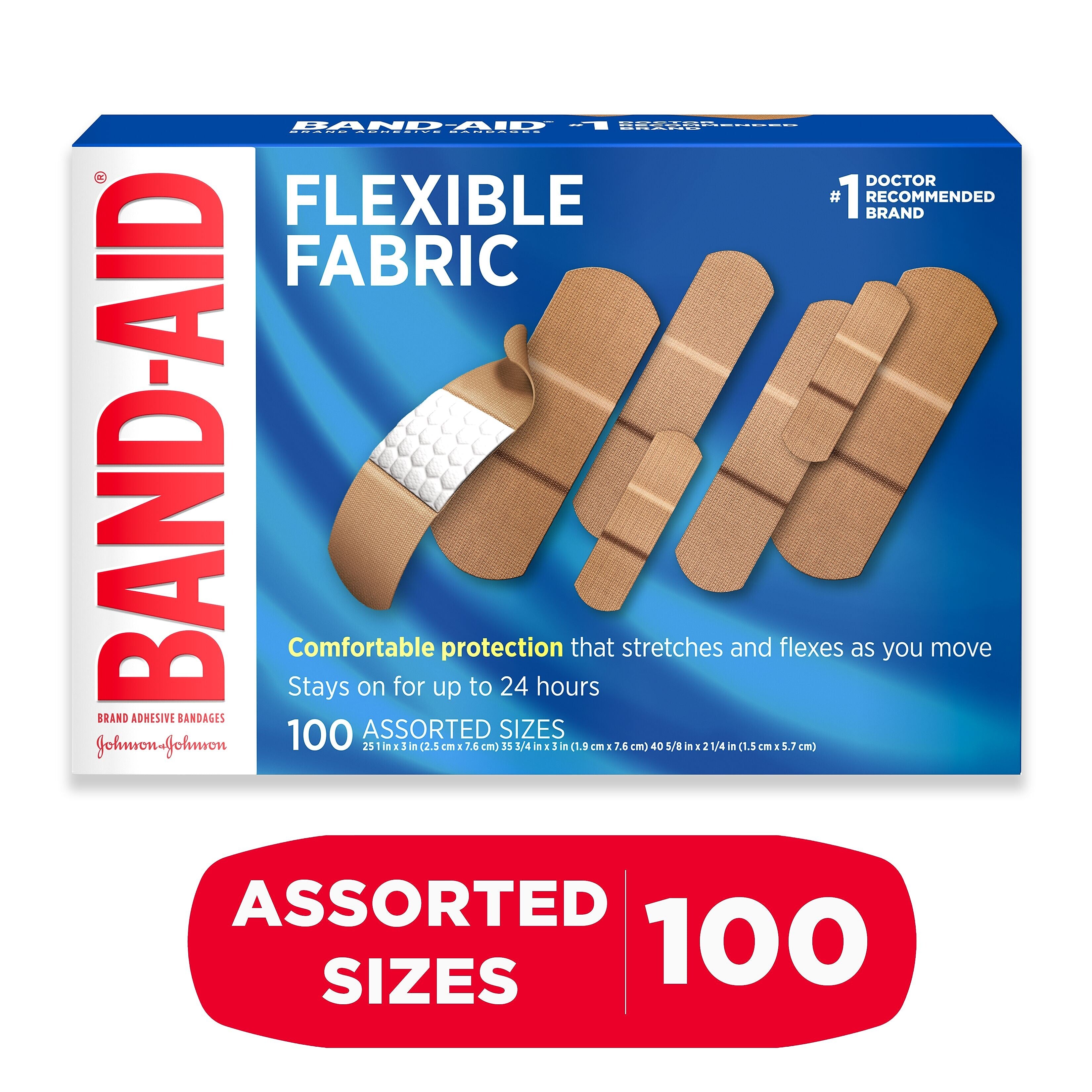 Band-Aid Brand Flexible Fabric Adhesive Bandages, Assorted Sizes, 100 Count
