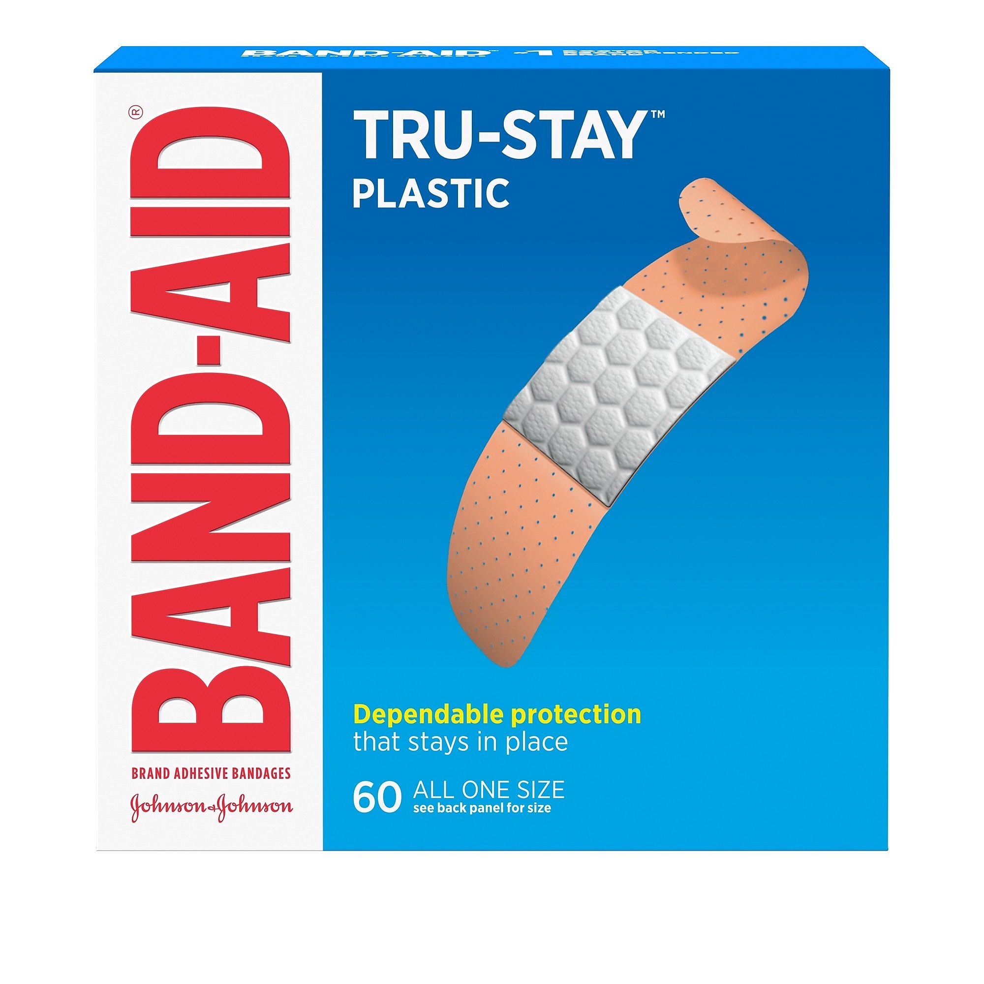 Band-Aid Brand Tru-Stay Plastic Strips Adhesive Bandages, All One Size, 60/Count