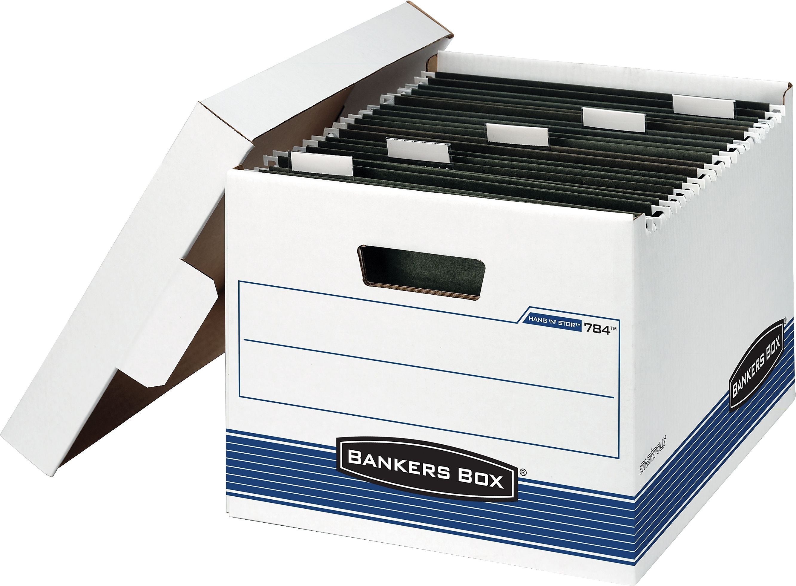 Bankers Box Hang-N-Stor Medium-Duty FastFold Corrugated File Storage Boxes, Lift-Off Lid, Letter Size, White/Blue, 4/Ct