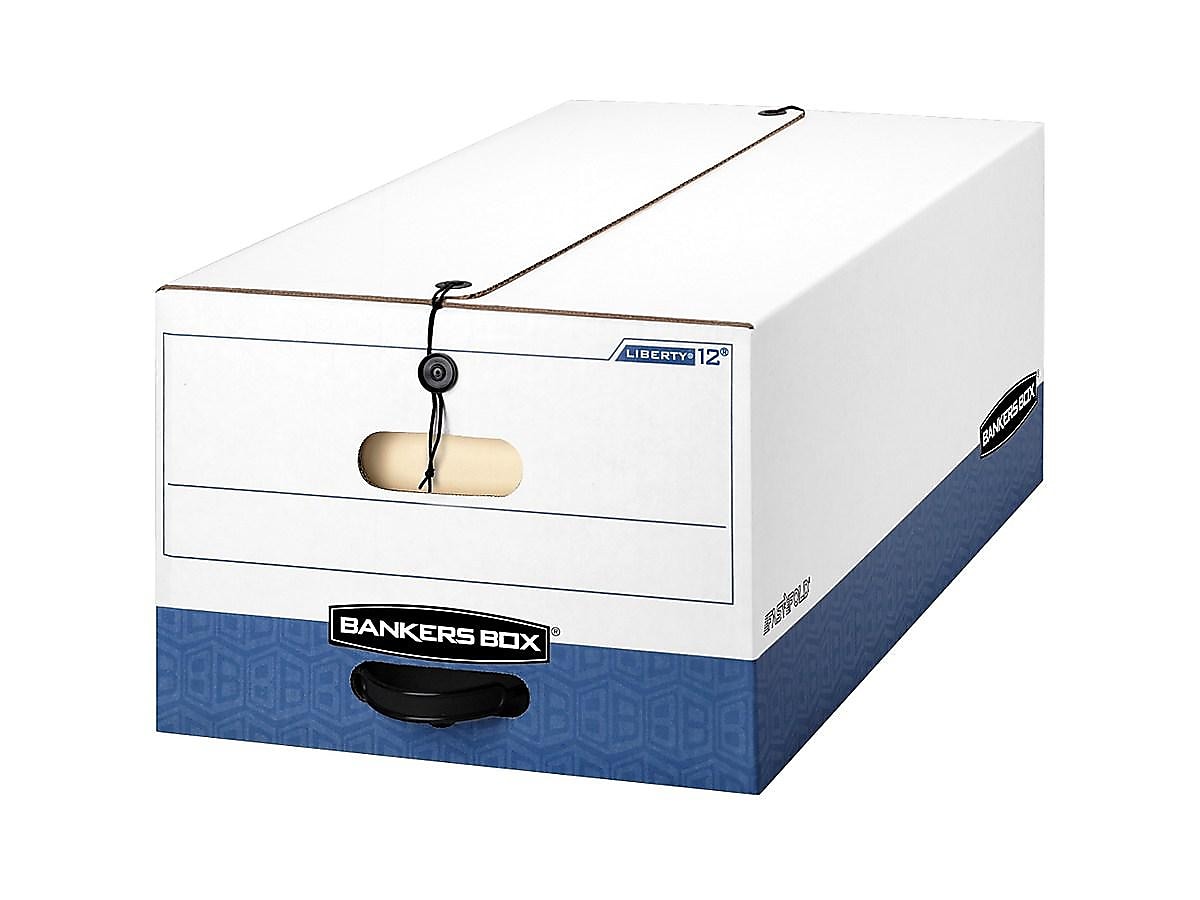 Bankers Box Heavy-Duty Corrugated File Storage Boxes, String & Button, Legal Size, White/Blue, 12/Carton