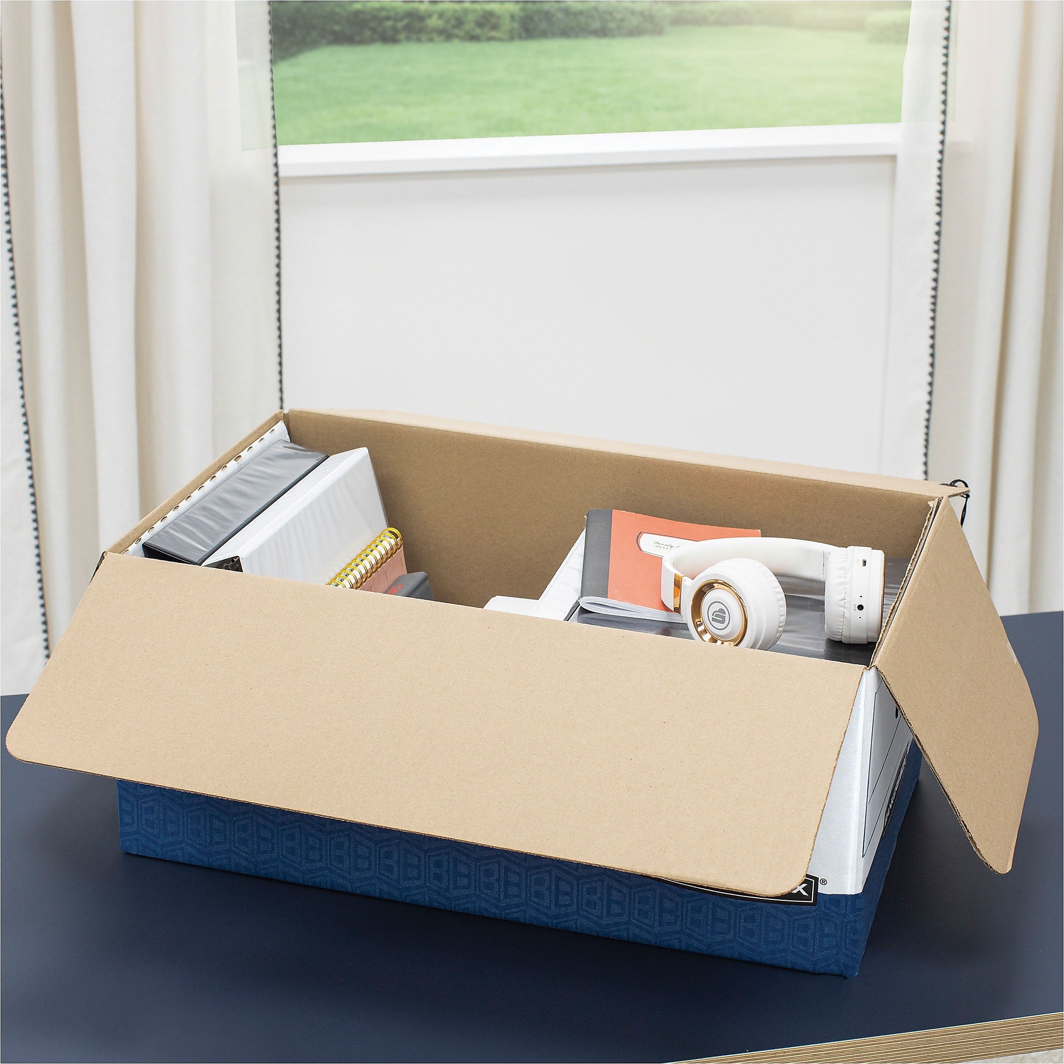 Bankers Box Heavy-Duty Corrugated File Storage Boxes, String & Button, Legal Size, White/Blue, 12/Carton