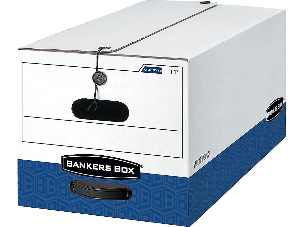 Bankers Box Heavy-Duty Corrugated File Storage Boxes, String & Button, Legal Size, White/Blue, 4/Carton