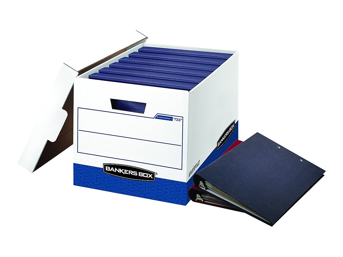 Bankers Box Heavy-Duty FastFold Corrugated File Storage Boxes, Lift-Off Lid, Binder Size, White/Blue, 12/Carton