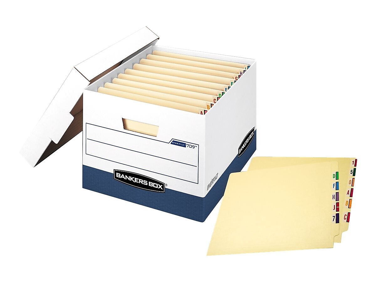 Bankers Box Heavy-Duty FastFold File Storage Boxes, Lift-Off Lid, Letter/Legal Size, White/Blue, 12/Carton
