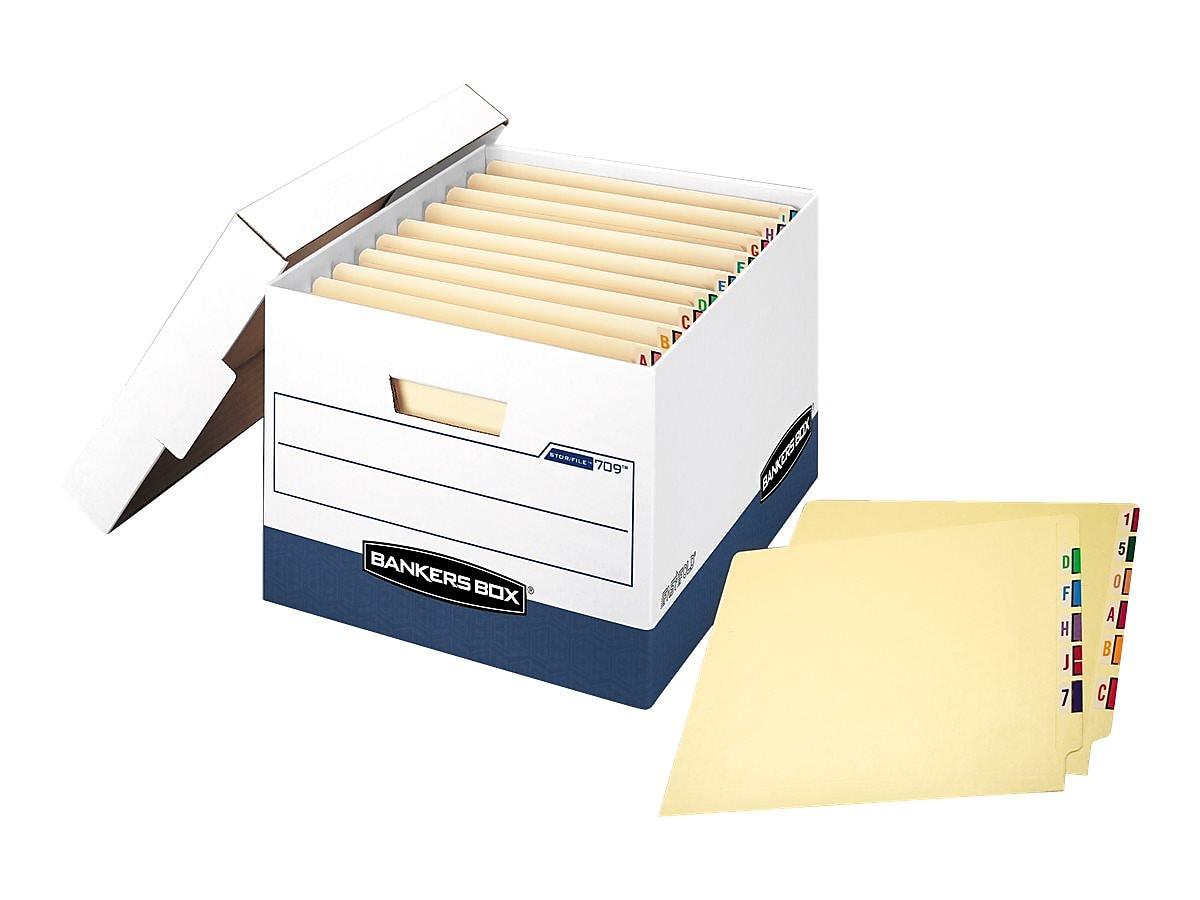 Bankers Box Heavy-Duty FastFold File Storage Boxes, Lift-Off Lid, Letter/Legal Size, White/Blue, 12/Carton