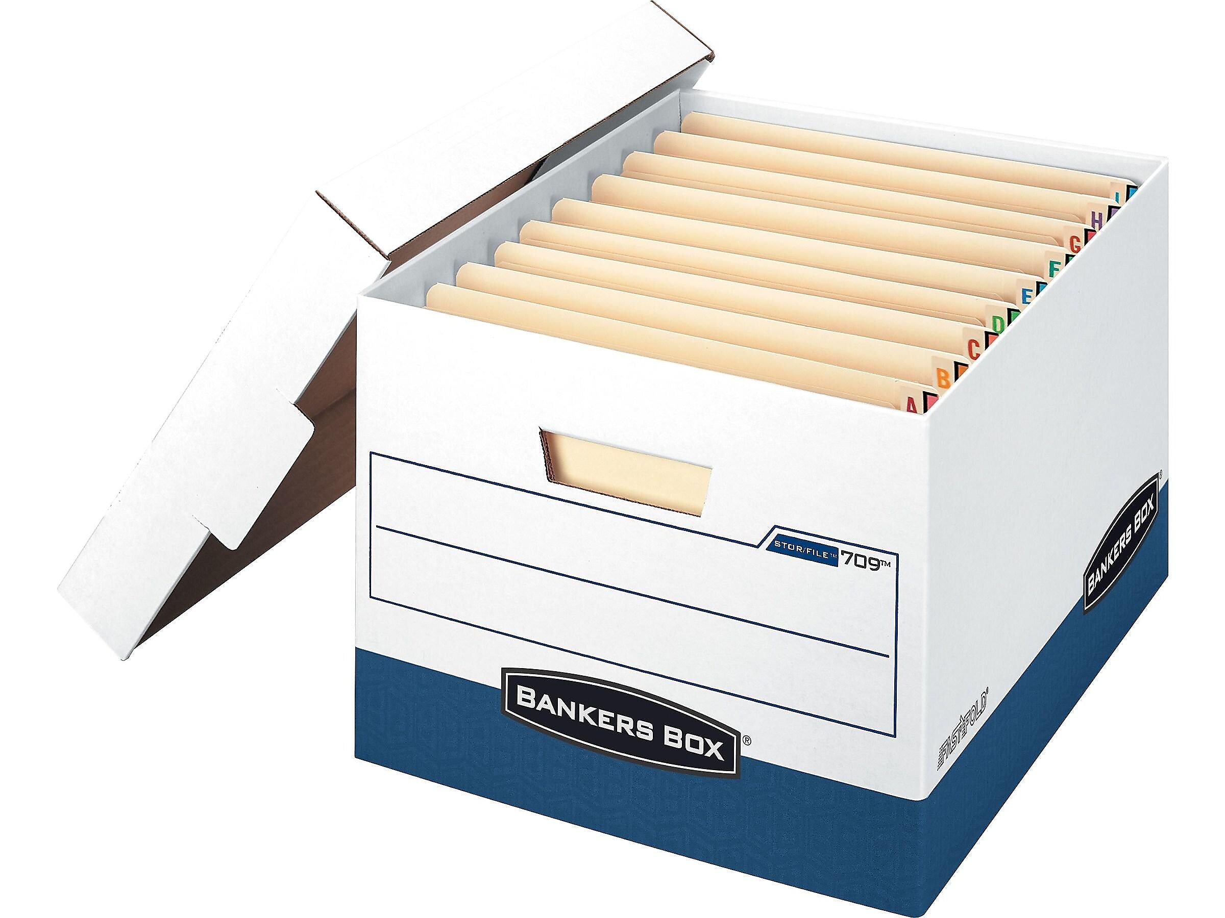 Bankers Box Heavy-Duty FastFold File Storage Boxes, Lift-Off Lid, Letter/Legal Size, White/Blue, 12/Carton