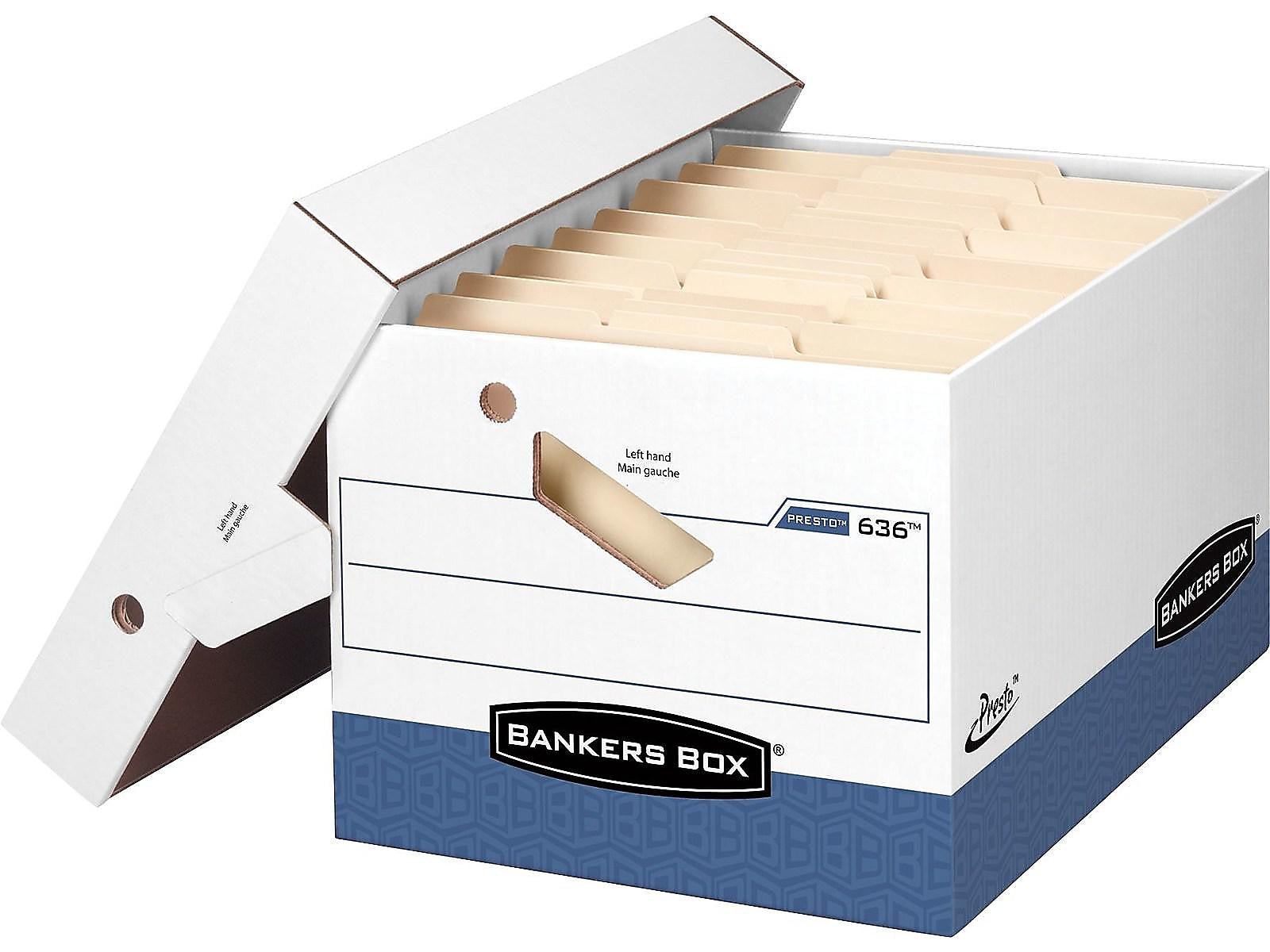 Bankers Box Heavy-Duty File Storage Boxes, Lift-Off Lid, Letter/Legal Size, White/Blue, 12/Carton