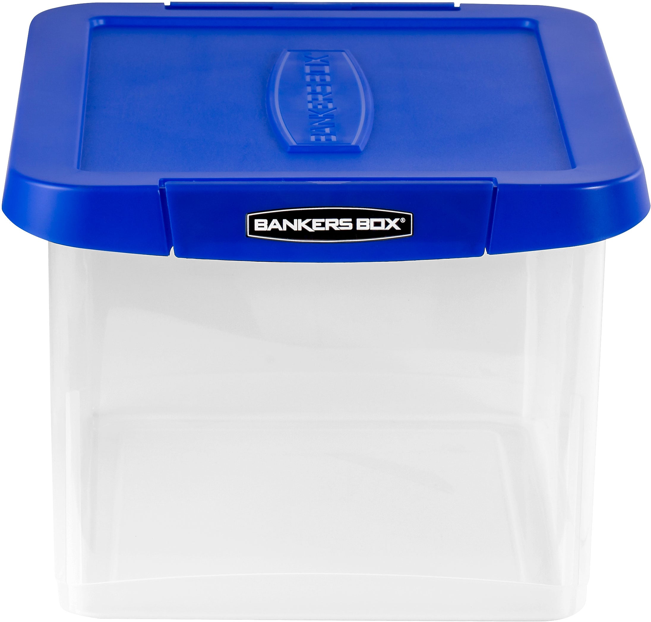 Bankers Box Heavy-Duty Plastic File Box, Letter/Legal Size, Blue/Clear
