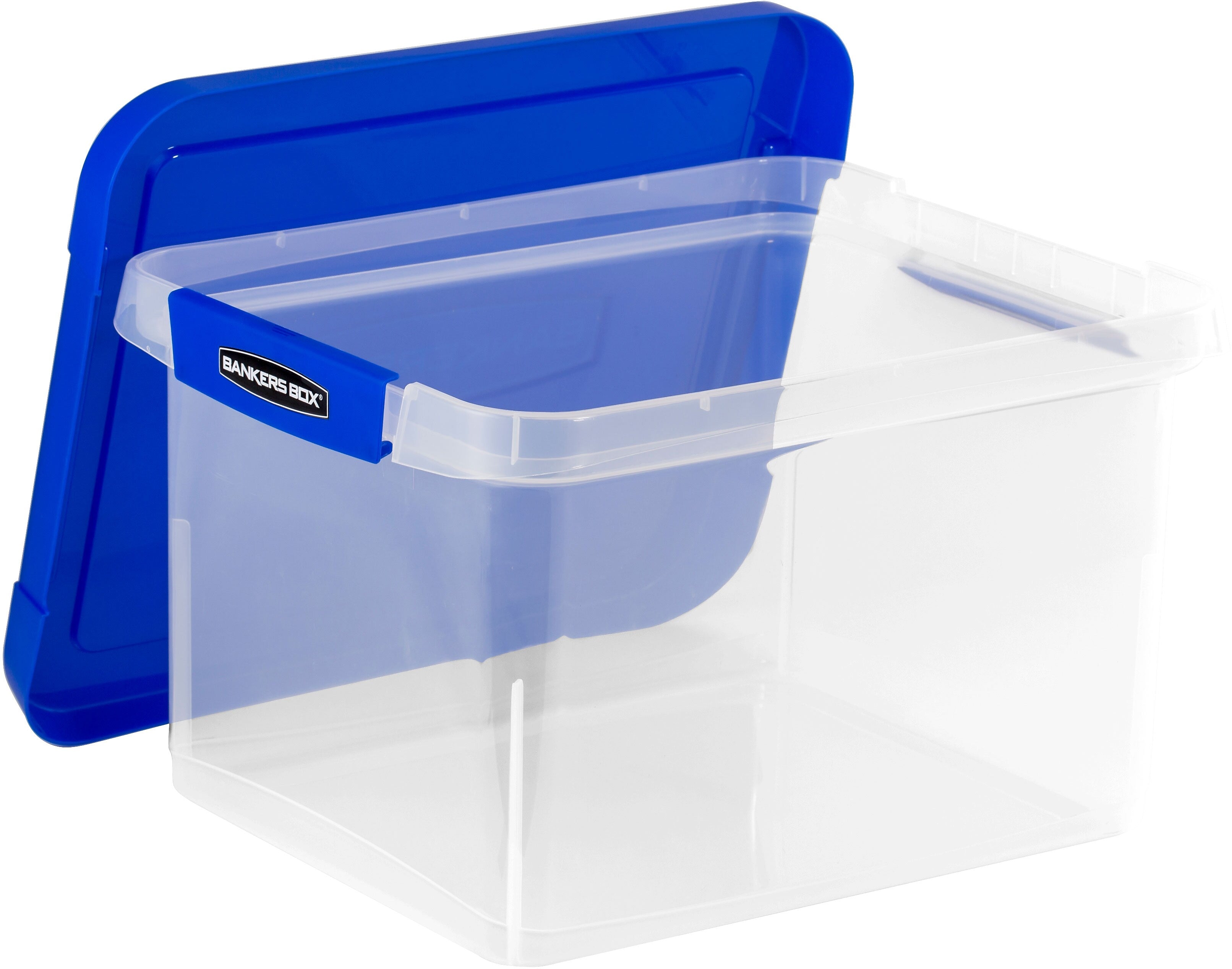 Bankers Box Heavy-Duty Plastic File Box, Letter/Legal Size, Blue/Clear