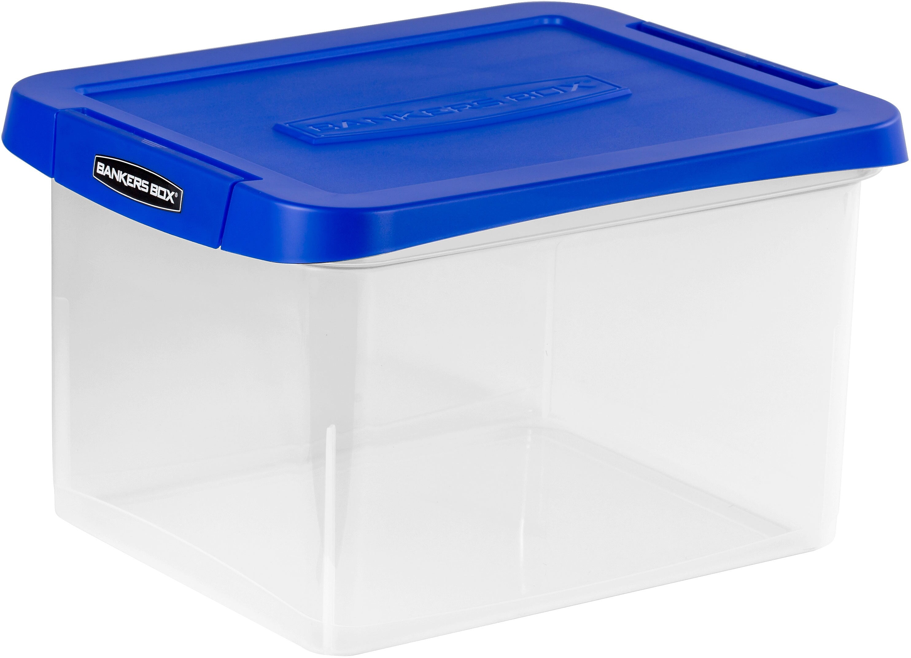 Bankers Box Heavy-Duty Plastic File Box, Letter/Legal Size, Blue/Clear