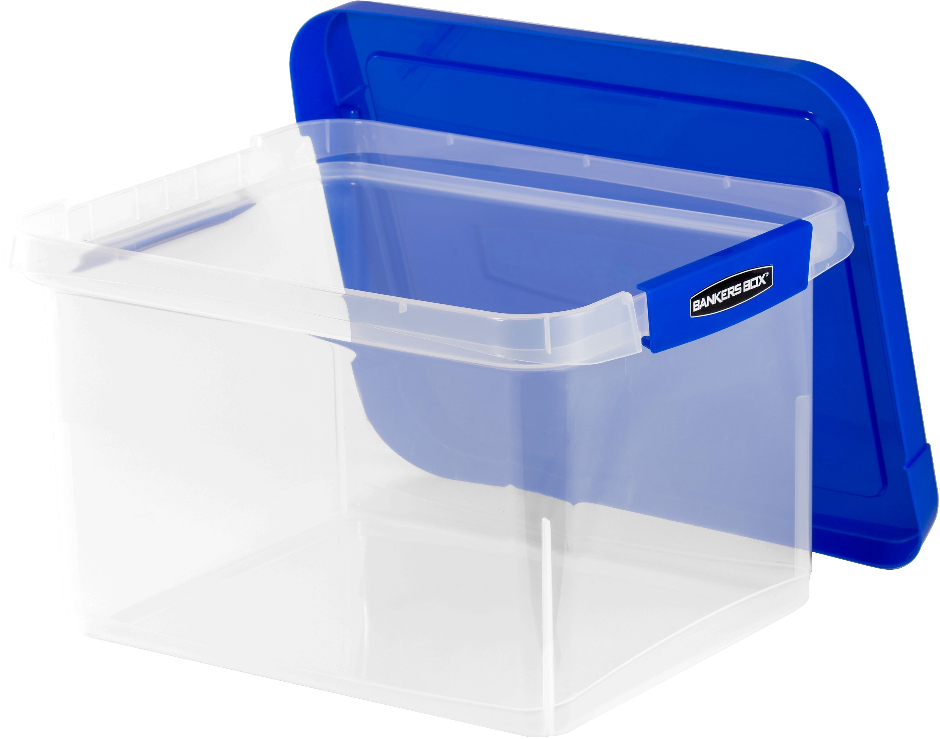 Bankers Box Heavy-Duty Plastic File Box, Letter/Legal Size, Blue/Clear