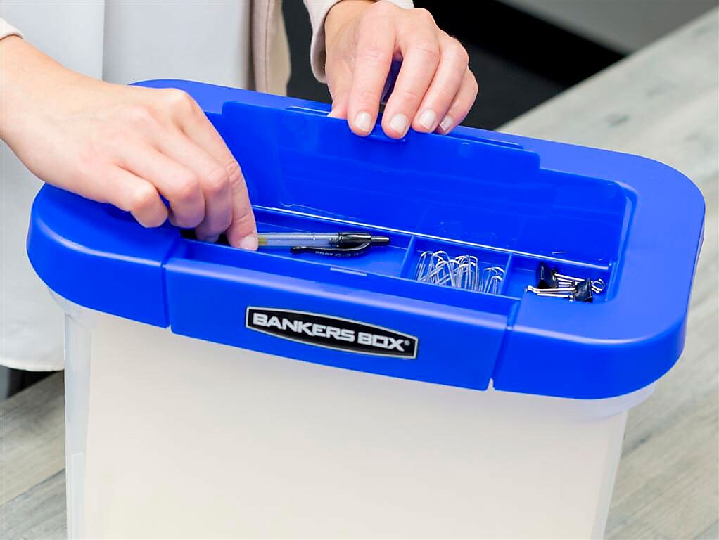 Bankers Box Heavy-Duty Plastic Portable File Storage Box, Letter Size, Blue/Clear