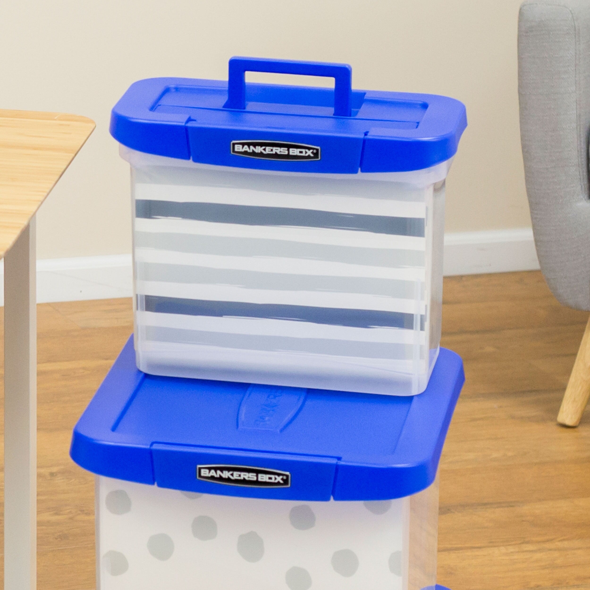 Bankers Box Heavy-Duty Plastic Portable File Storage Box, Letter Size, Blue/Clear