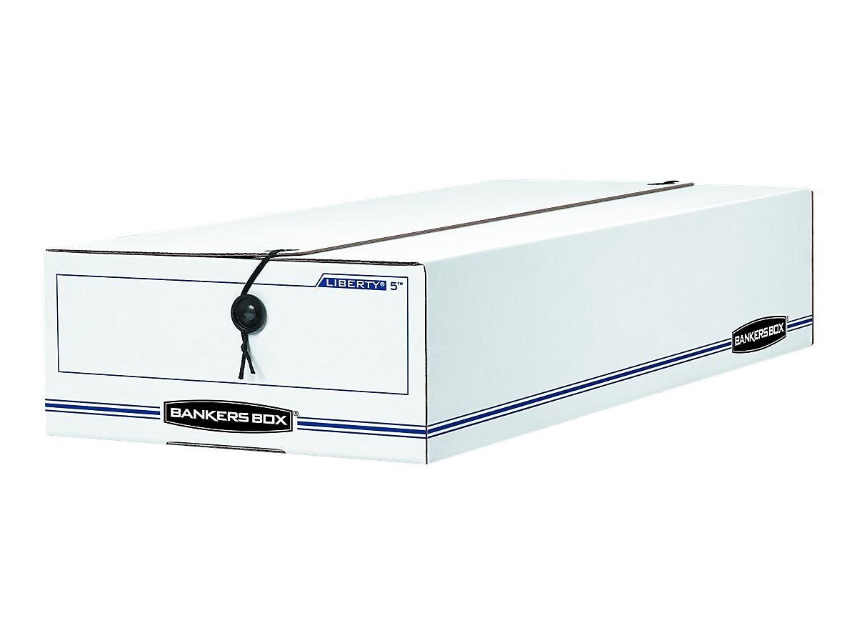 Bankers Box Liberty Corrugated File Storage Boxes, String & Button Closure, Check & Form Size, White/Blue, 12/Carton