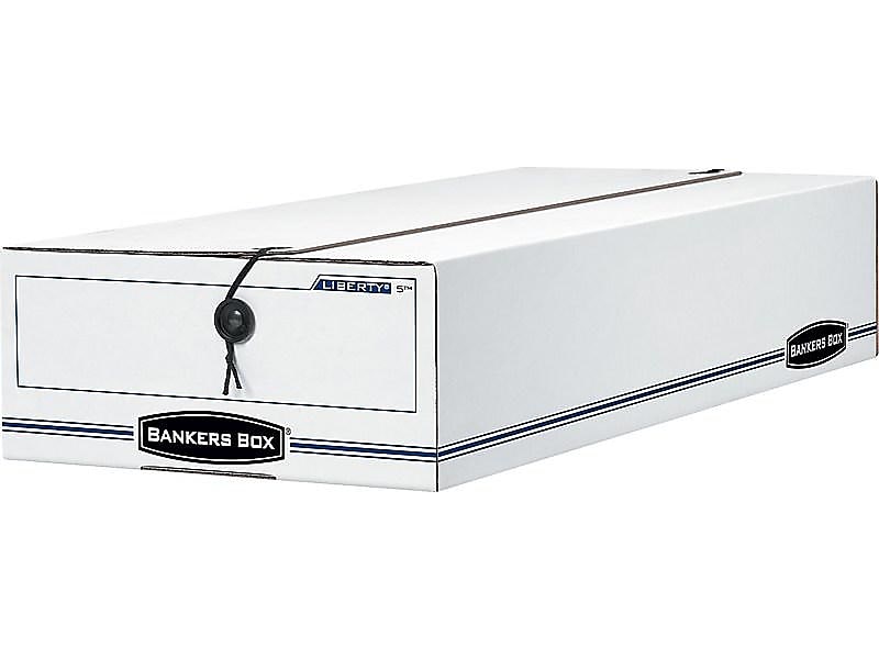 Bankers Box Liberty Corrugated File Storage Boxes, String & Button Closure, Check & Form Size, White/Blue, 12/Carton