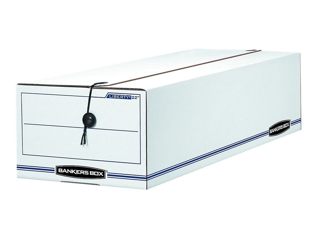 Bankers Box Liberty Corrugated File Storage Boxes, String & Button Closure, Check & Form Size, White/Blue, 12/Carton