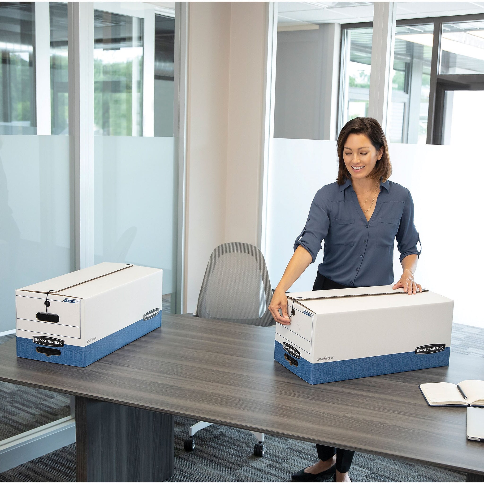 Bankers Box Liberty Heavy-Duty Corrugated File Storage Boxes, String & Button, Letter Size, White/Blue, 12/Carton