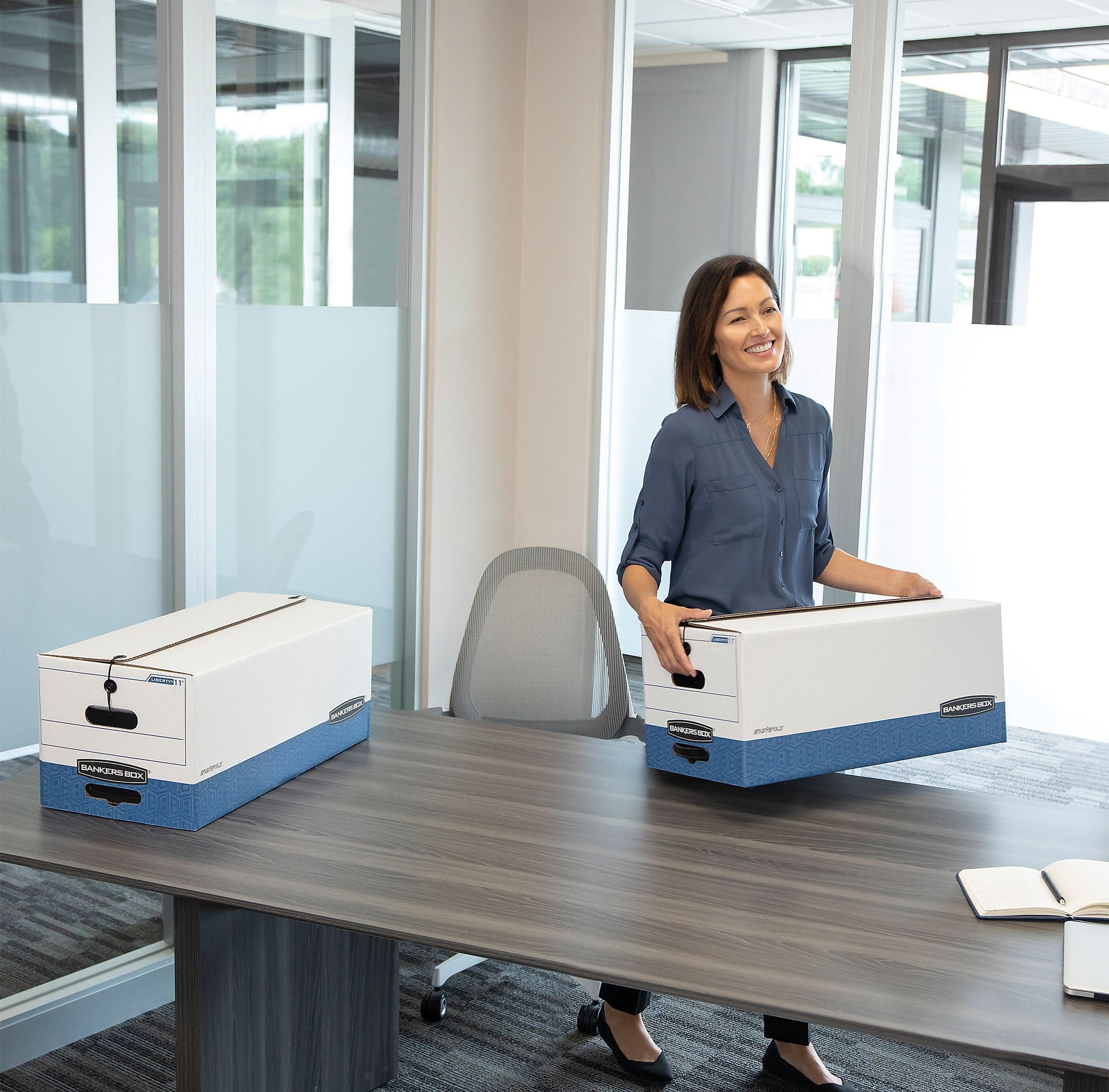 Bankers Box Liberty Heavy-Duty Corrugated File Storage Boxes, String & Button, Letter Size, White/Blue, 12/Carton