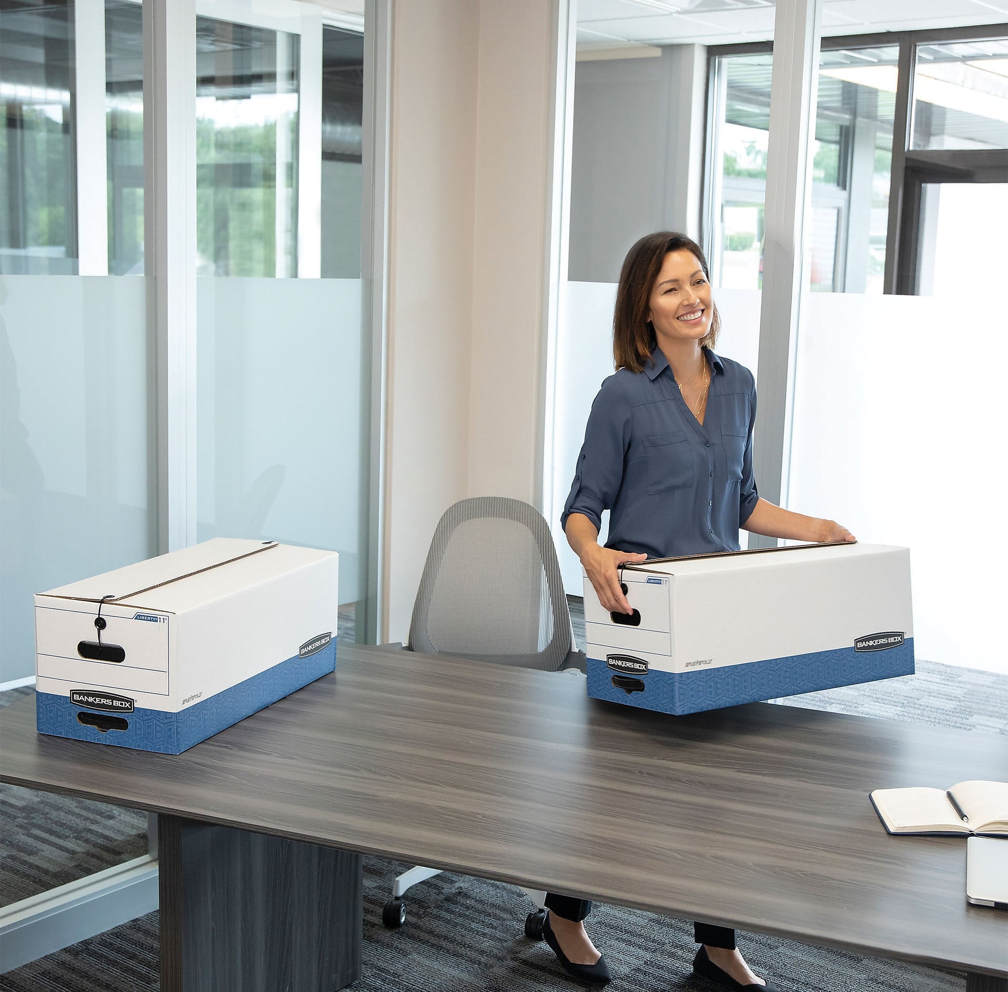 Bankers Box Liberty Heavy-Duty Corrugated File Storage Boxes, String & Button, Letter Size, White/Blue, 12/Carton