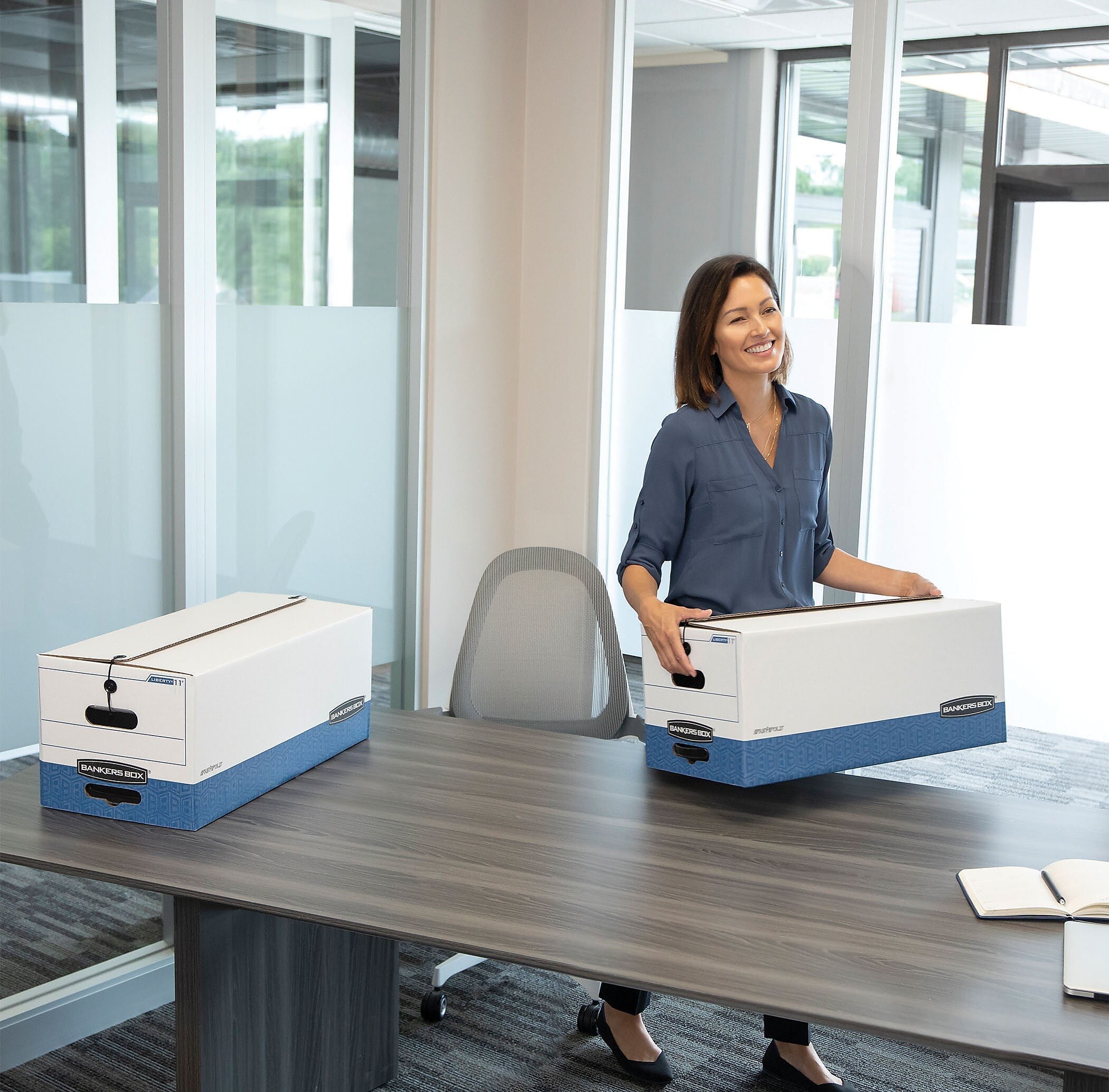 Bankers Box Liberty Heavy-Duty Corrugated File Storage Boxes, String & Button, Letter Size, White/Blue, 12/Carton