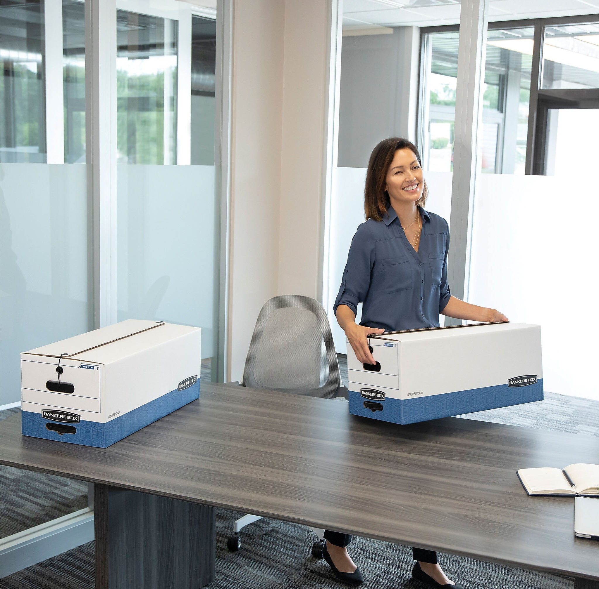 Bankers Box Liberty Heavy-Duty Corrugated File Storage Boxes, String & Button, Letter Size, White/Blue, 12/Carton