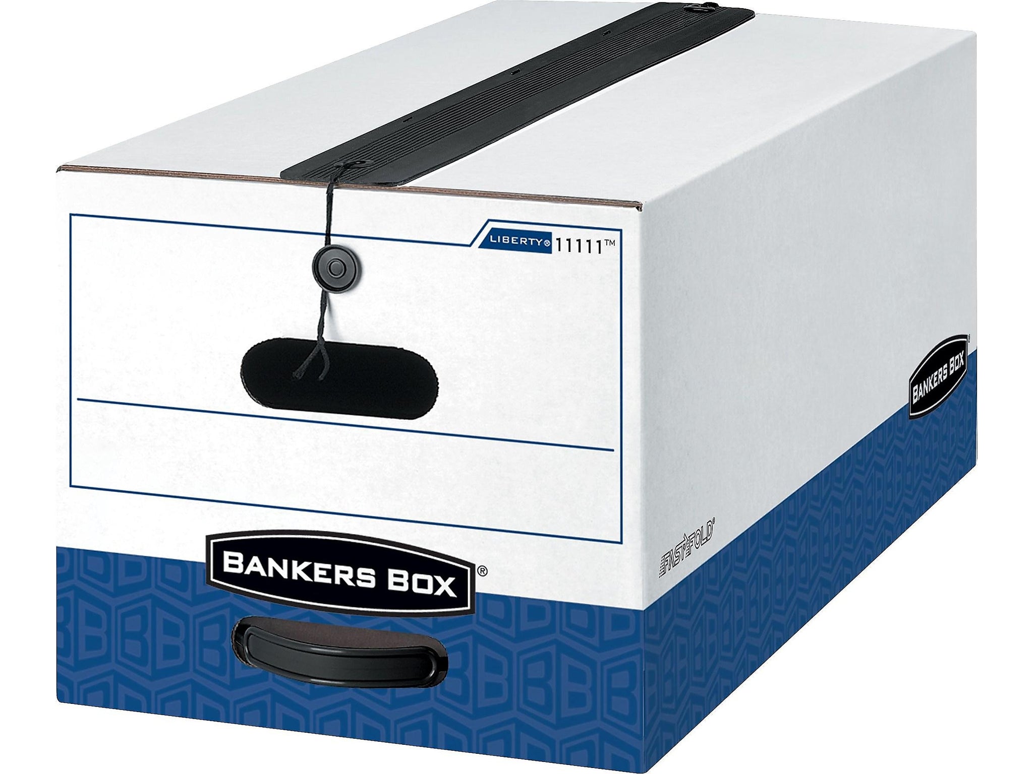 Bankers Box Liberty Plus Heavy-Duty FastFold File Storage Boxes, String & Button, Letter Size, White/Blue, 12/Carton