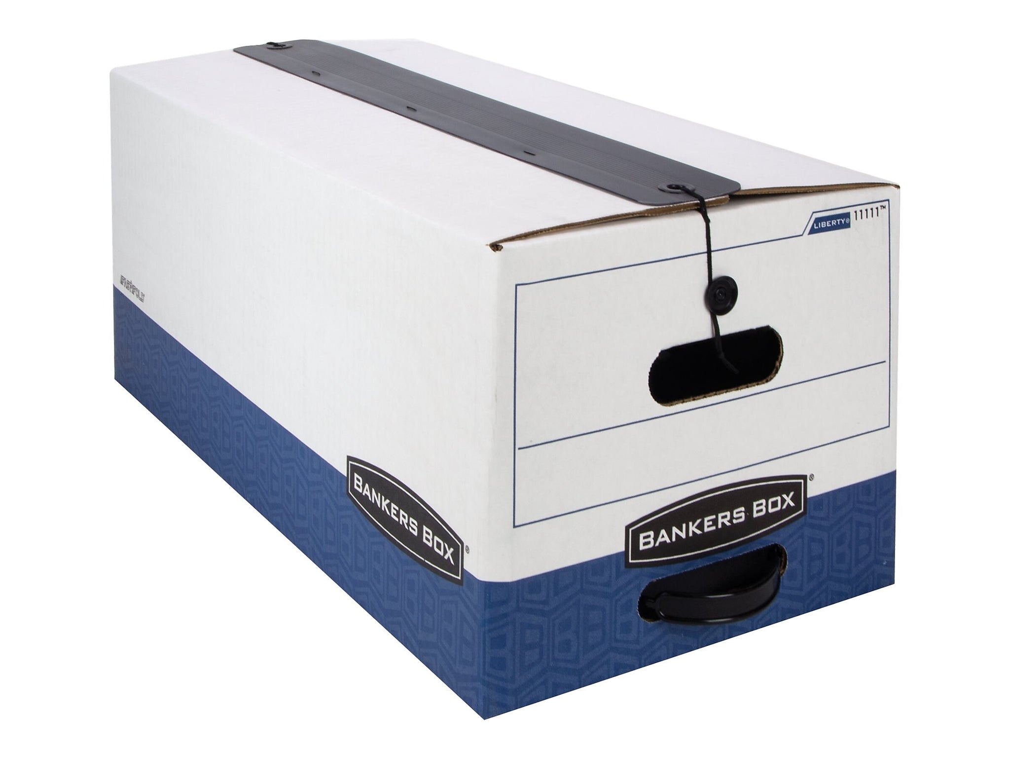 Bankers Box Liberty Plus Heavy-Duty FastFold File Storage Boxes, String & Button, Letter Size, White/Blue, 12/Carton