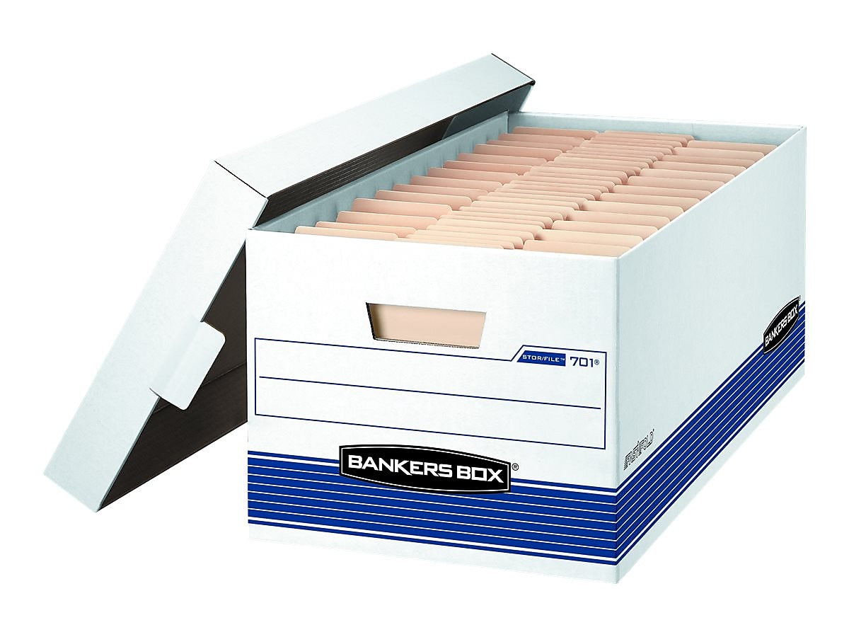 Bankers Box Medium-Duty Corrugated File Storage Boxes, Lift-Off Lid, Letter Size, White/Blue, 20/Carton