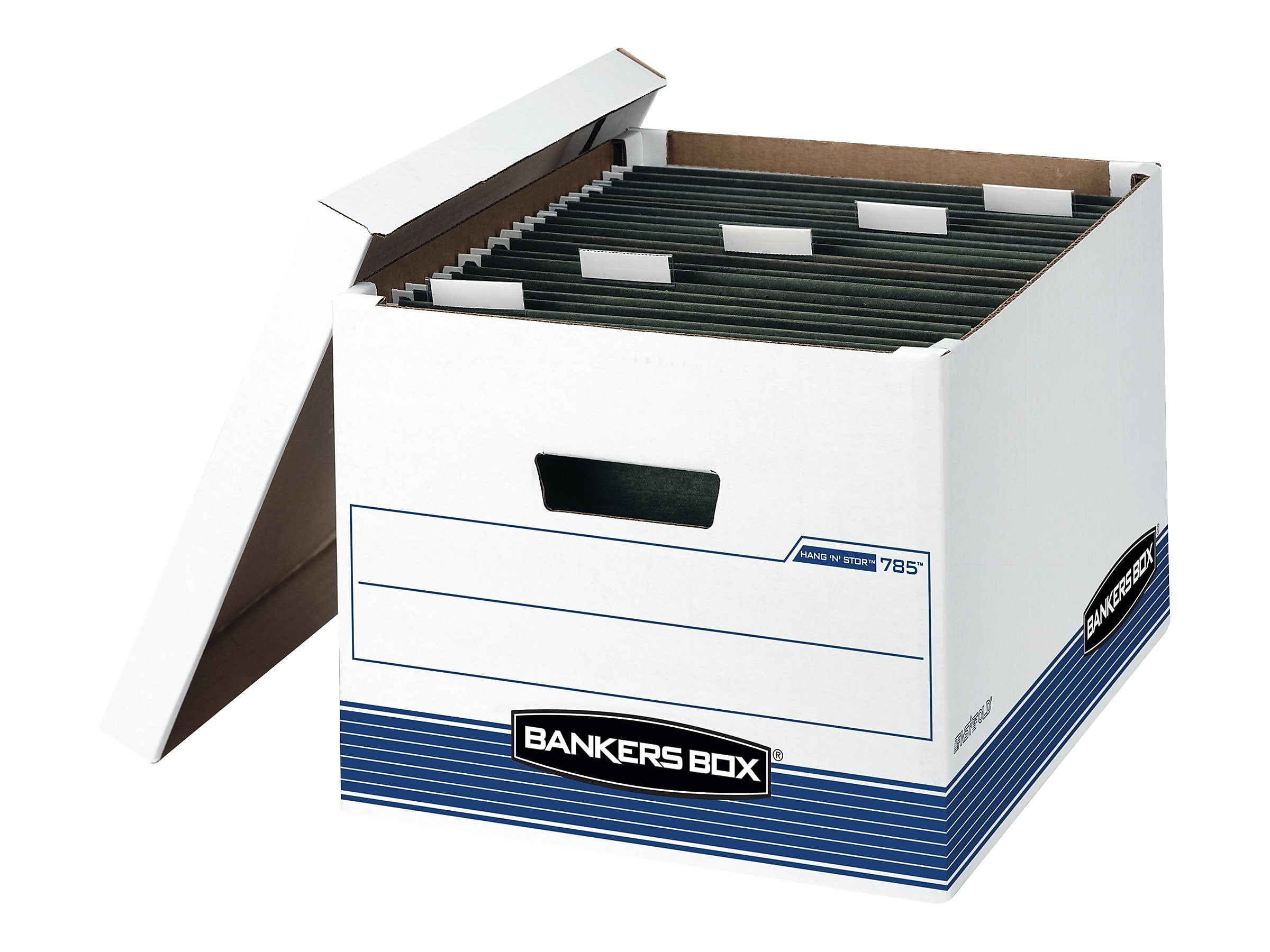 Bankers Box Medium-Duty FastFold Corrugated File Boxes, Lift-off Lid, Letter/Legal Size, White/Blue, 4/Carton