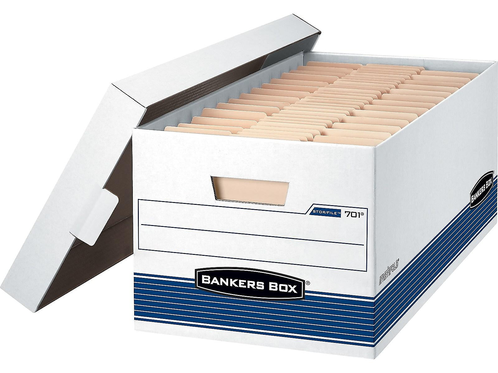 Bankers Box Medium-Duty FastFold Corrugated File Storage Boxes, Lift-Off Lid, Letter Size, White/Blue, 12/Carton