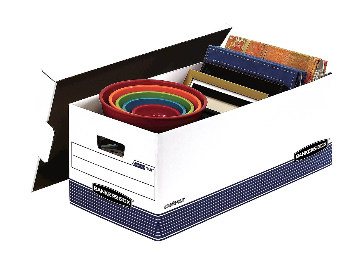 Bankers Box Medium-Duty FastFold Corrugated File Storage Boxes, Lift-Off Lid, Letter Size, White/Blue, 12/Carton