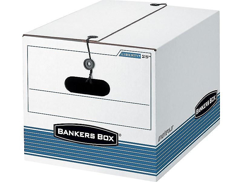 Bankers Box Medium-Duty FastFold File Storage Boxes, String & Button, Letter/Legal Size, White/Blue, 4/Carton
