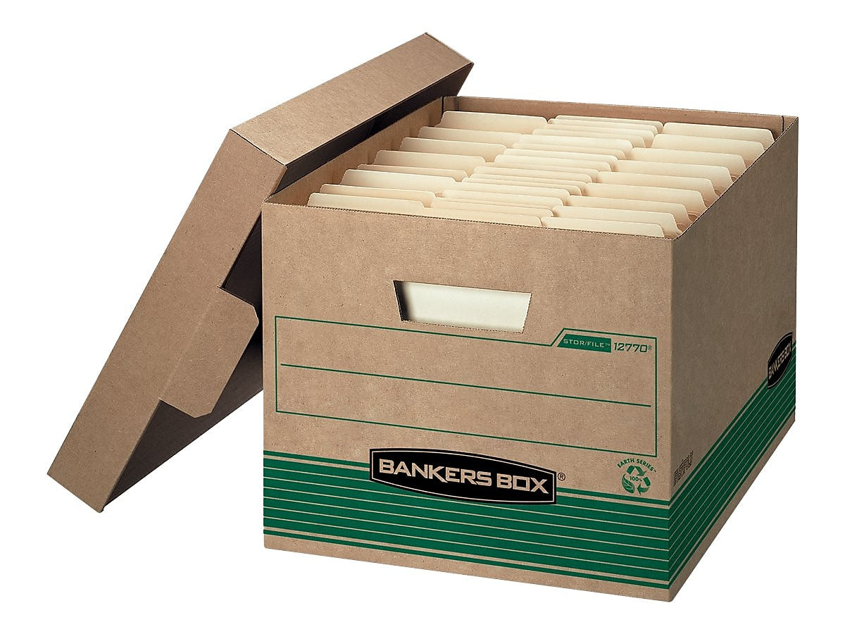 Bankers Box® Medium-Duty Recycled FastFold File Storage Boxes, Lift-Off Lid, Letter/Legal Size, Brown, 12/Carton