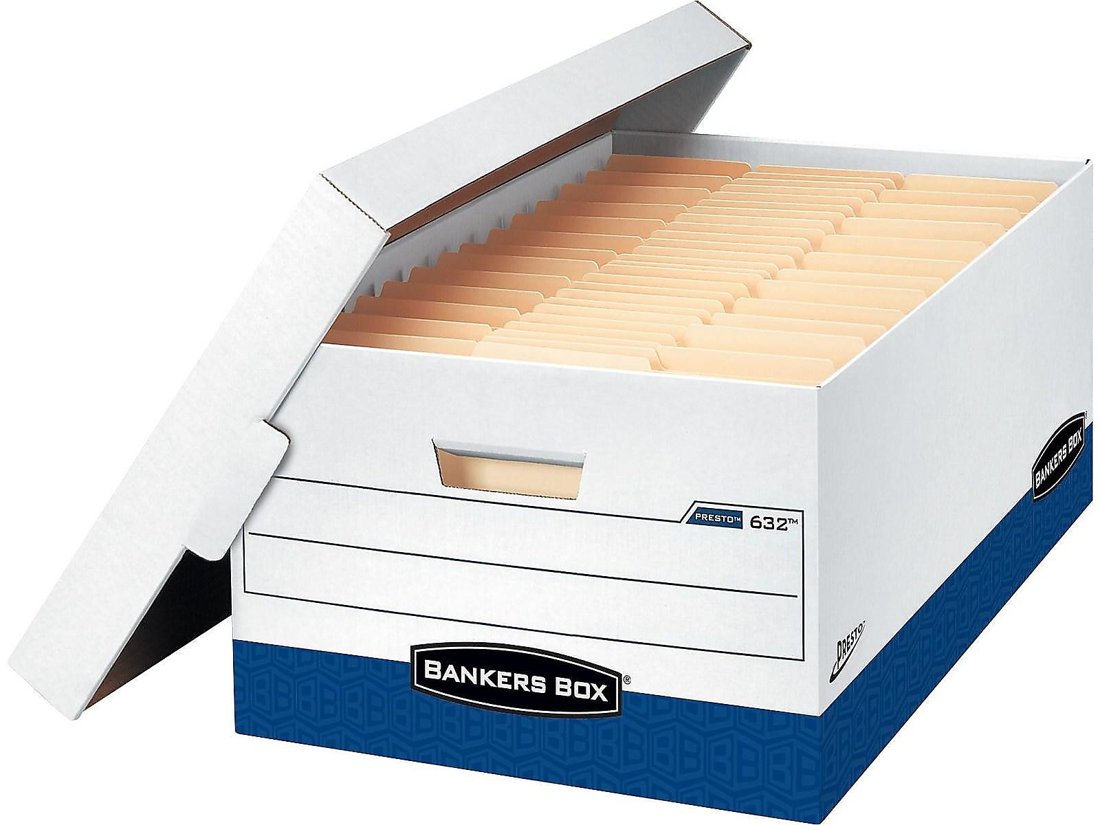 Bankers Box Presto Heavy-Duty Instant Assembly File Storage Boxes, Lift-Off Lid, Legal Size, White/Blue, 12/Carton