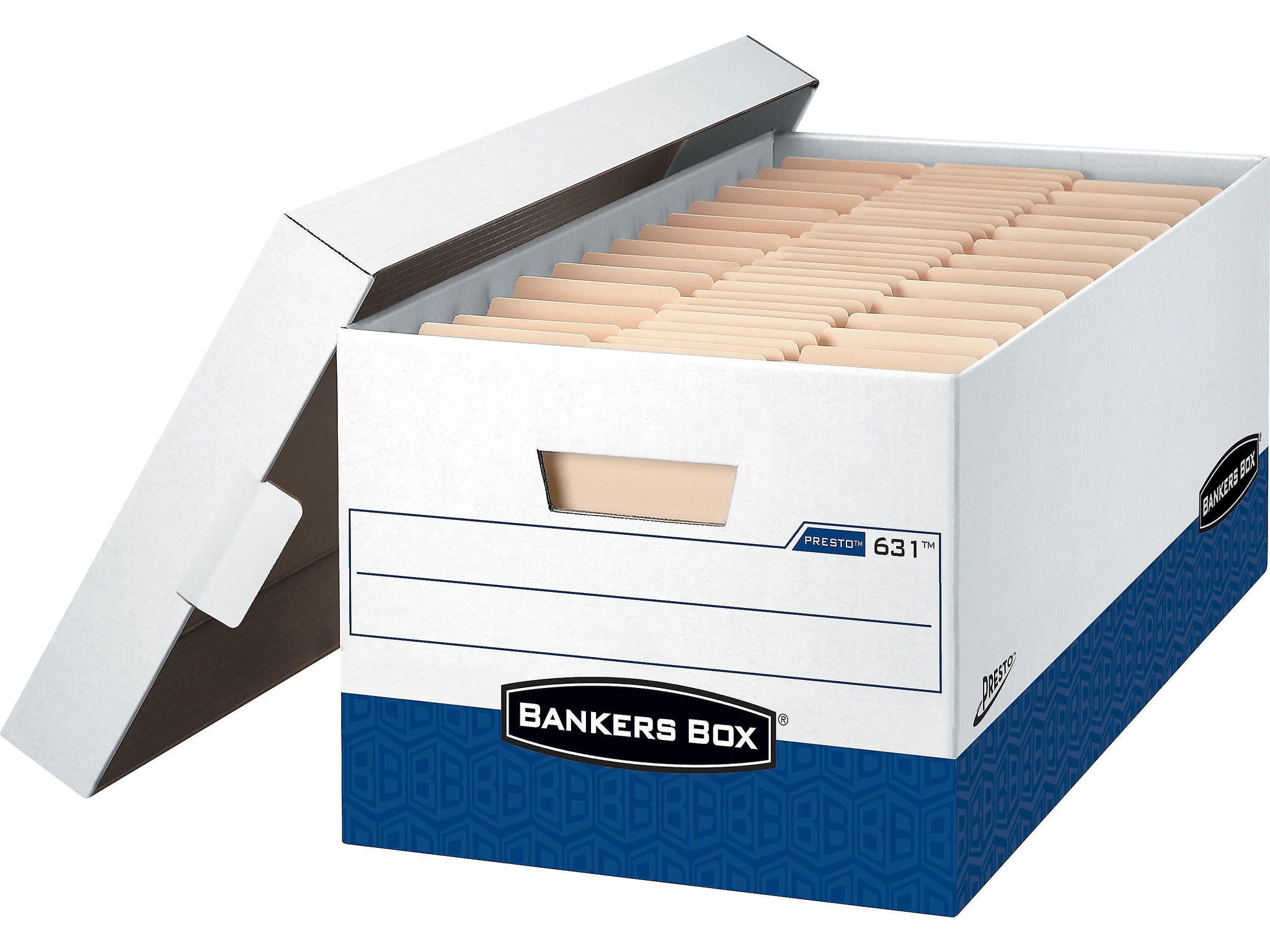 Bankers Box Presto Heavy-Duty Instant Assembly File Storage Boxes, Lift-Off Lid, Letter Size, White/Blue, 12/Carton