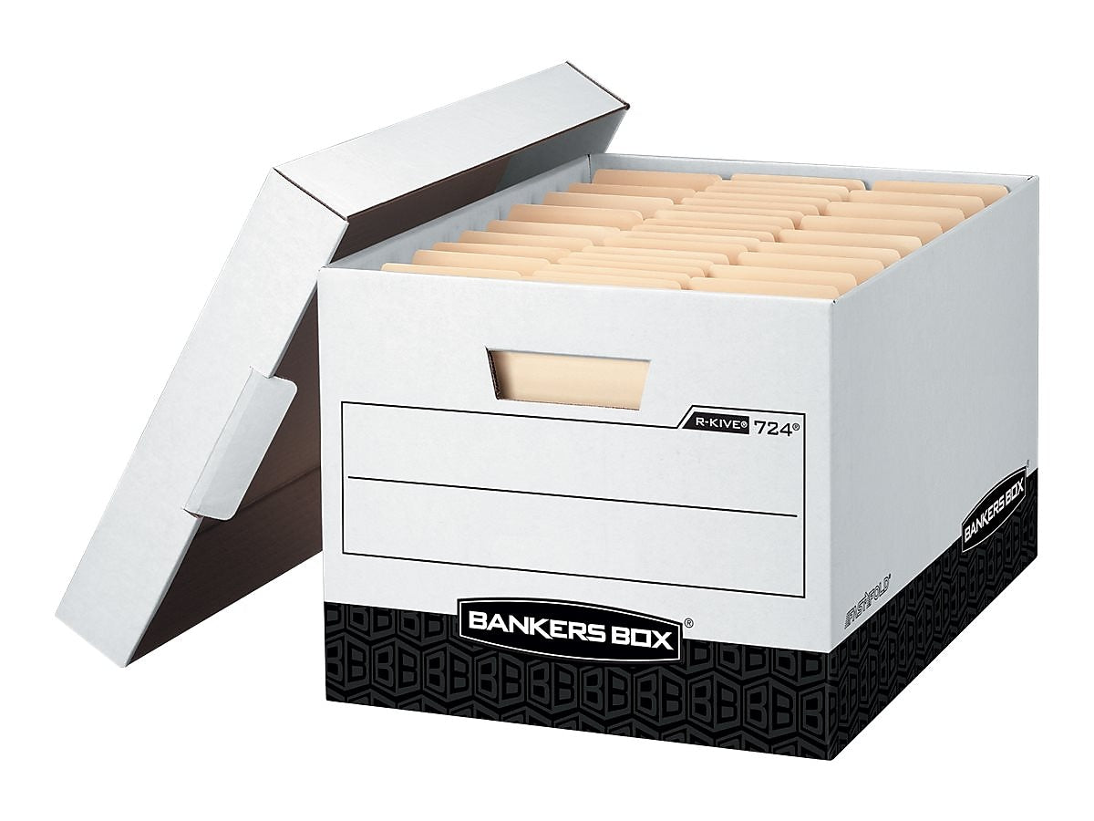 Bankers Box R-Kive® Heavy-Duty FastFold File Storage Boxes, Lift-Off Lid, Letter/Legal Size, White/Black, 12/Carton