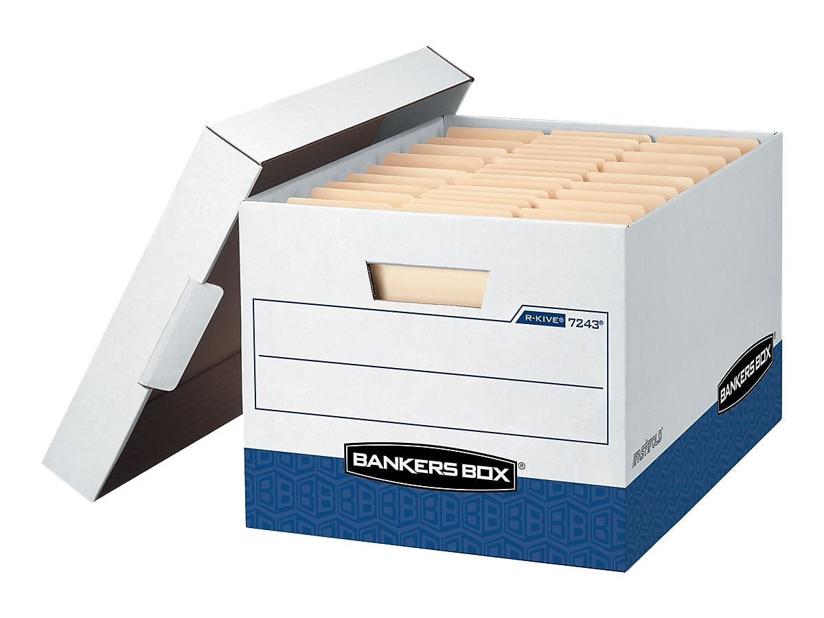 Bankers Box R-Kive® Heavy-Duty FastFold File Storage Boxes, Lift-Off Lid, Letter/Legal Size, White/Blue, 12/Carton