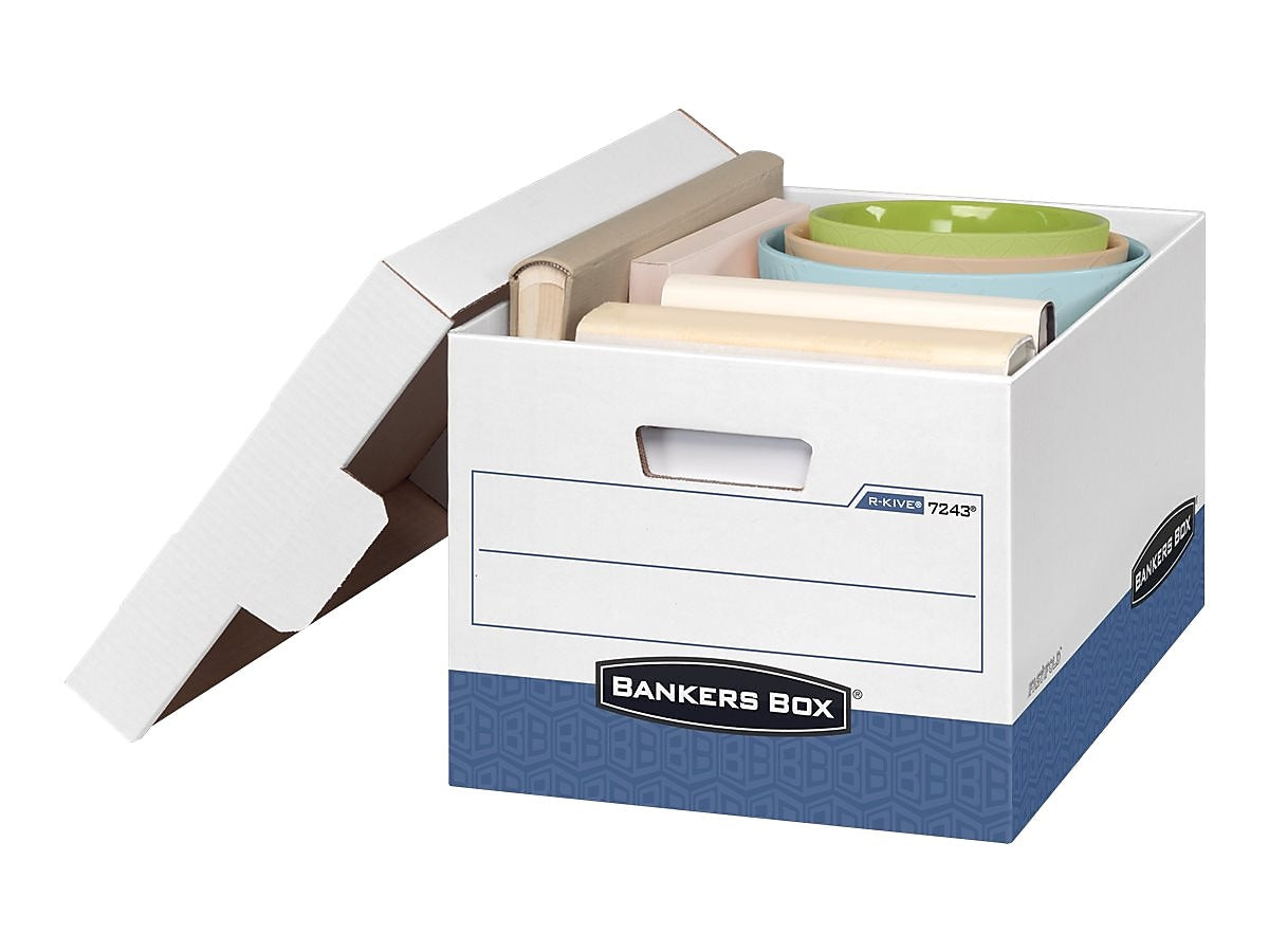 Bankers Box R-Kive® Heavy-Duty FastFold File Storage Boxes, Lift-Off Lid, Letter/Legal Size, White/Blue, 12/Carton