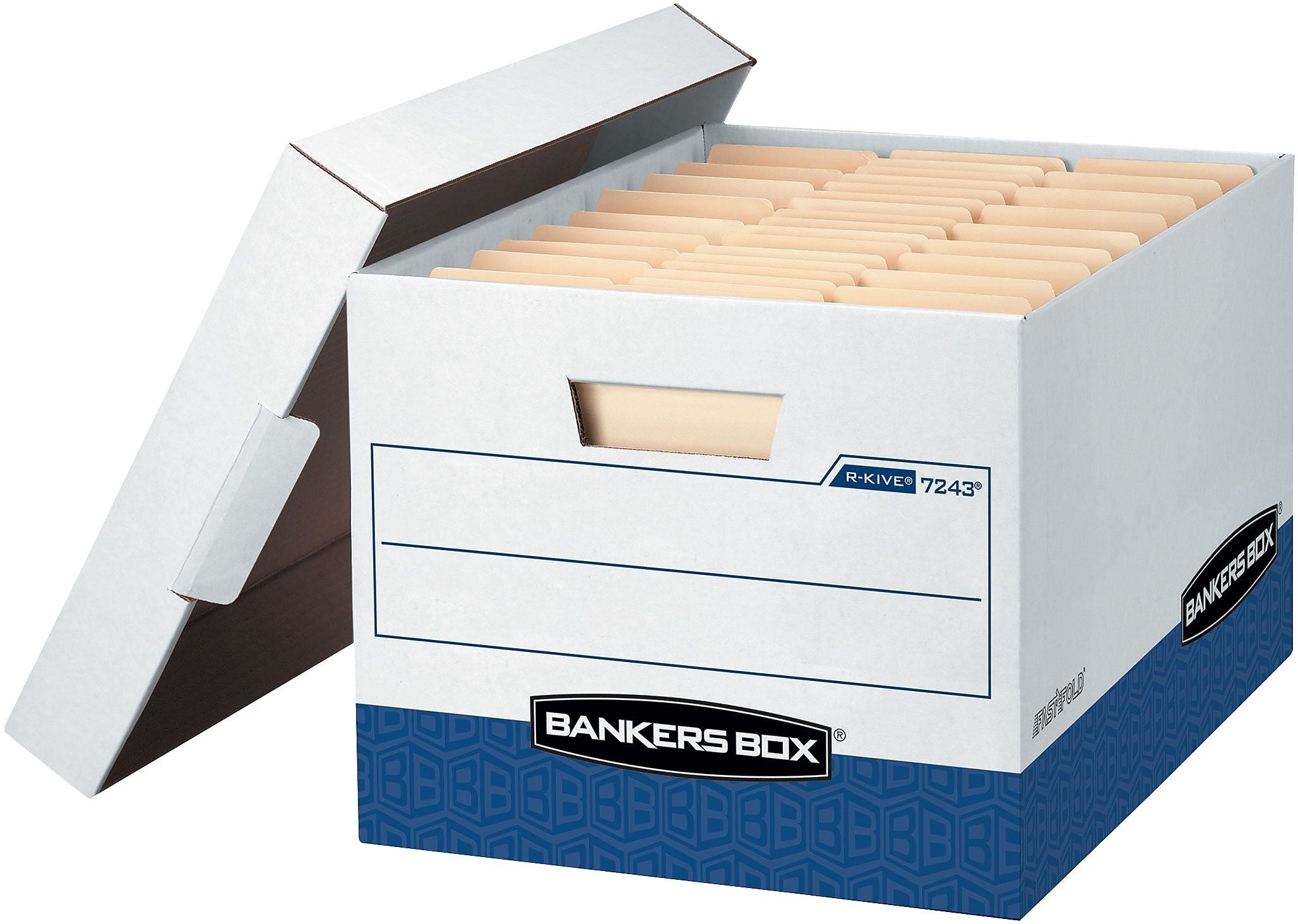 Bankers Box® R-Kive Heavy-Duty FastFold File Storage Boxes, Lift-Off Lid, Letter/Legal Size, White/Blue, 20/Ct