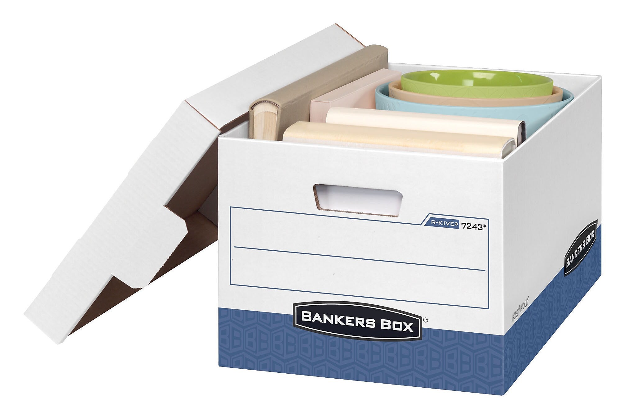 Bankers Box® R-Kive Heavy-Duty FastFold File Storage Boxes, Lift-Off Lid, Letter/Legal Size, White/Blue, 20/Ct