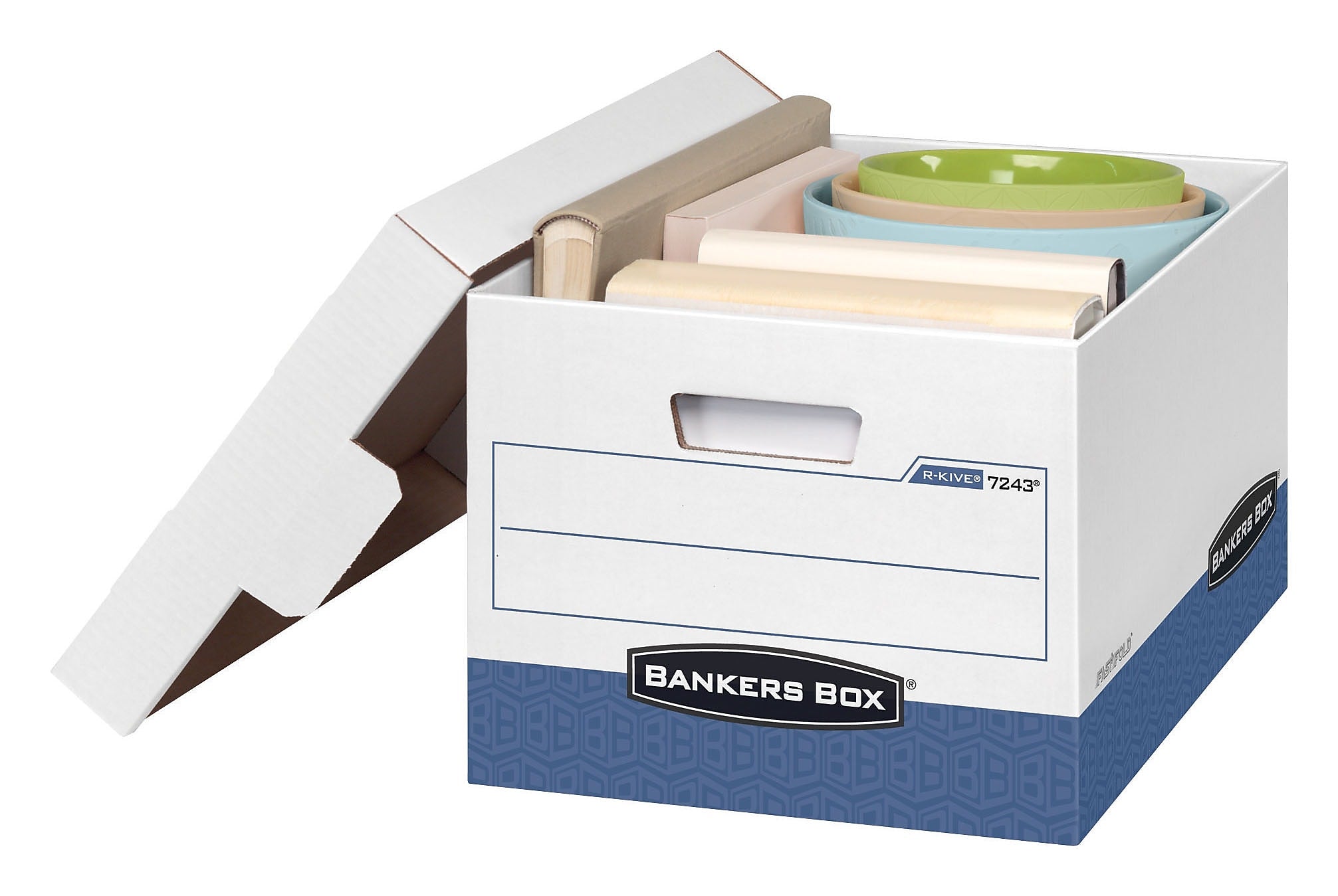 Bankers Box® R-Kive Heavy-Duty FastFold File Storage Boxes, Lift-Off Lid, Letter/Legal Size, White/Blue, 20/Ct