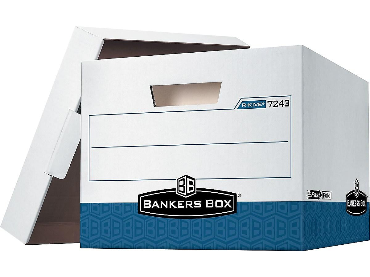 Bankers Box R-Kive® Heavy-Duty FastFold File Storage Boxes, Lift-Off Lid, Letter/Legal Size, White/Blue, 4/Carton