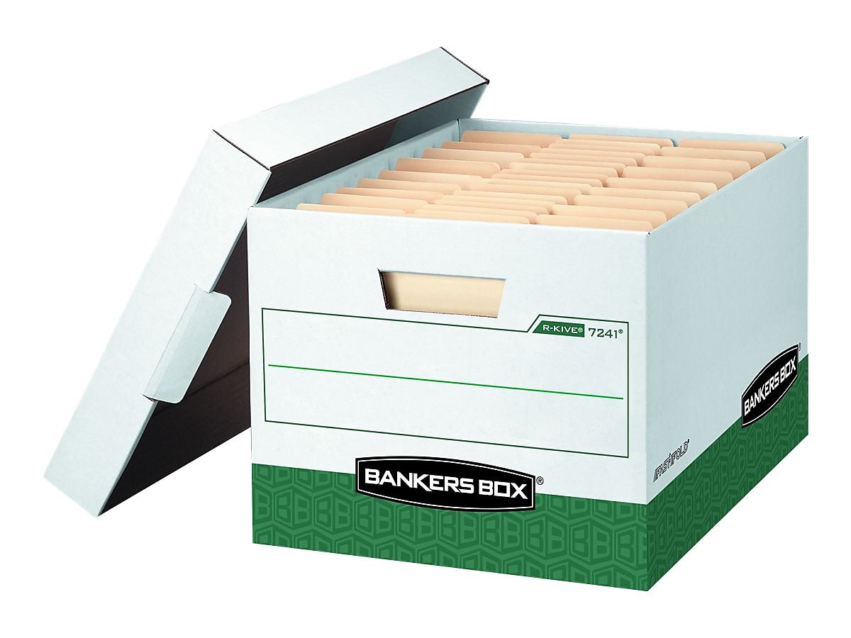 Bankers Box® R-Kive Heavy-Duty FastFold File Storage Boxes, Lift-Off Lid, Letter/Legal Size, White/Green, 12/Carton