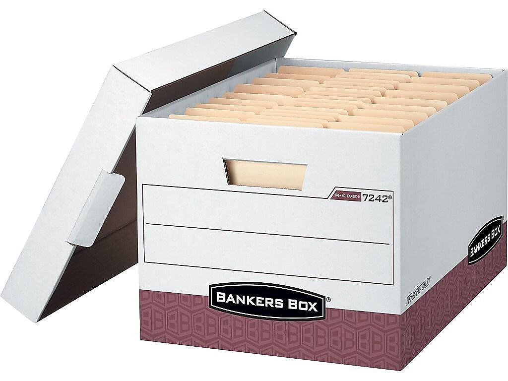 Bankers Box R-Kive® Heavy-Duty FastFold File Storage Boxes, Lift-Off Lid, Letter/Legal Size, White/Red, 12/Carton