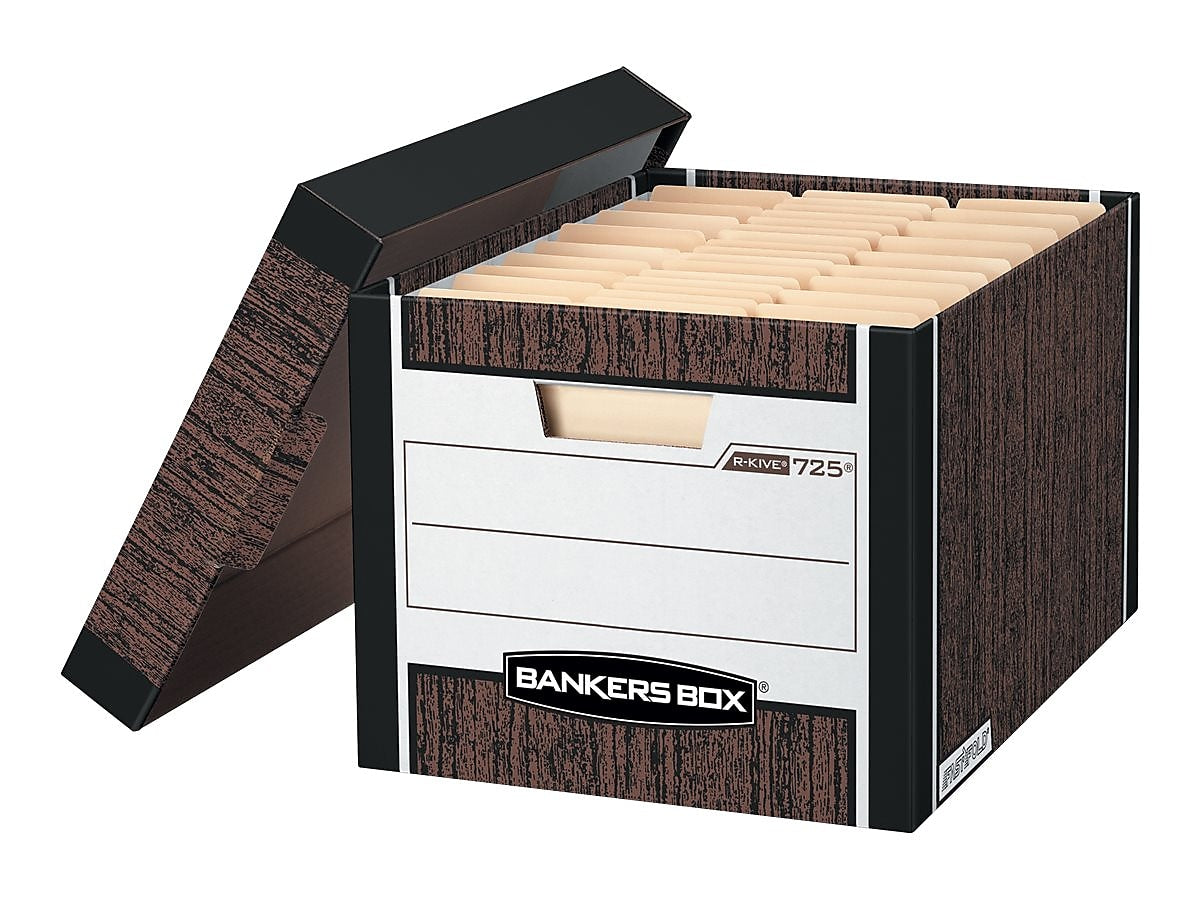 Bankers Box R-Kive® Heavy-Duty FastFold File Storage Boxes, Lift-Off Lid, Letter/Legal Size, Woodgrain, 12/Carton